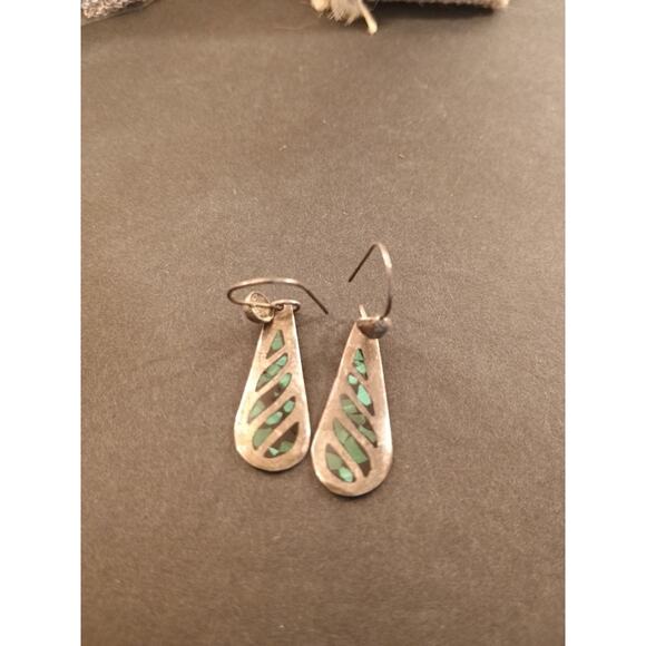 Taxco Vtg Sterling Silver Earrings Green Malachite Dangle Tear Drop Signed TU-08 - Picture 9 of 10